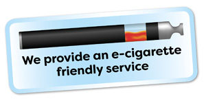 An illustration of an e-cigarette with the comment, We provide a friendly e-cigarette service.